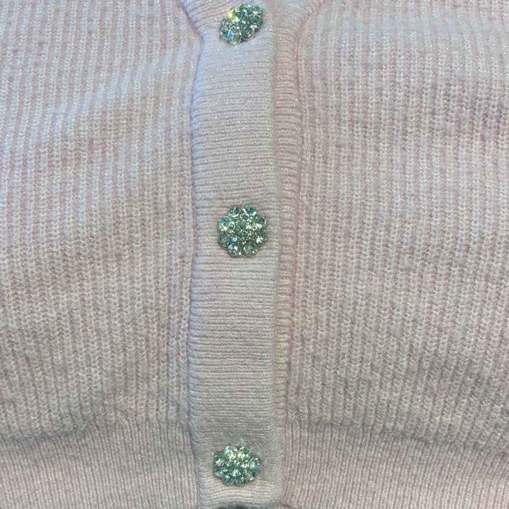 On 34th Elegant Light Pink Puff Sleeve Sparkle Button-Up Cardigan - Picture 5 of 13